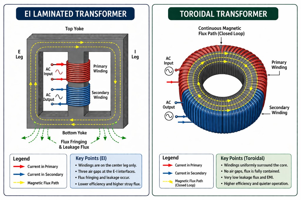 Infographic comparing EI laminated and toroidal transformers: core geometry, primary and secondary windings, AC input and output, magnetic flux paths, flux fringing on EI versus closed-loop flux on toroidal